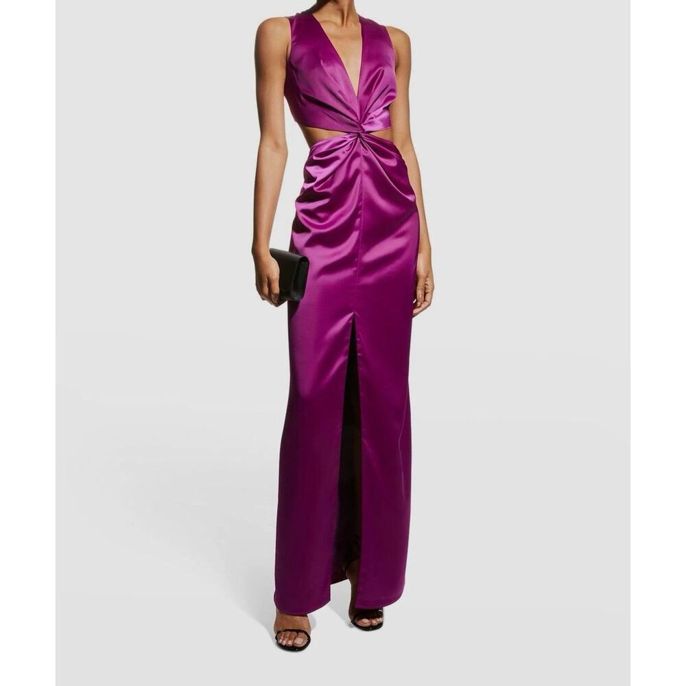One33 Social Fuchsia Satin Cutout Maxi Gown Deep V-Neck Formal Evening Dress New